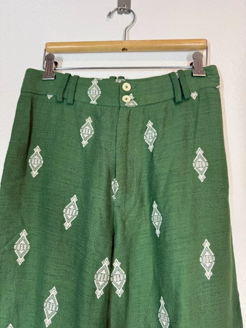 Zara Embroidered Trousers Size Small Green Pants Linen Cropped Wide Leg Coolots